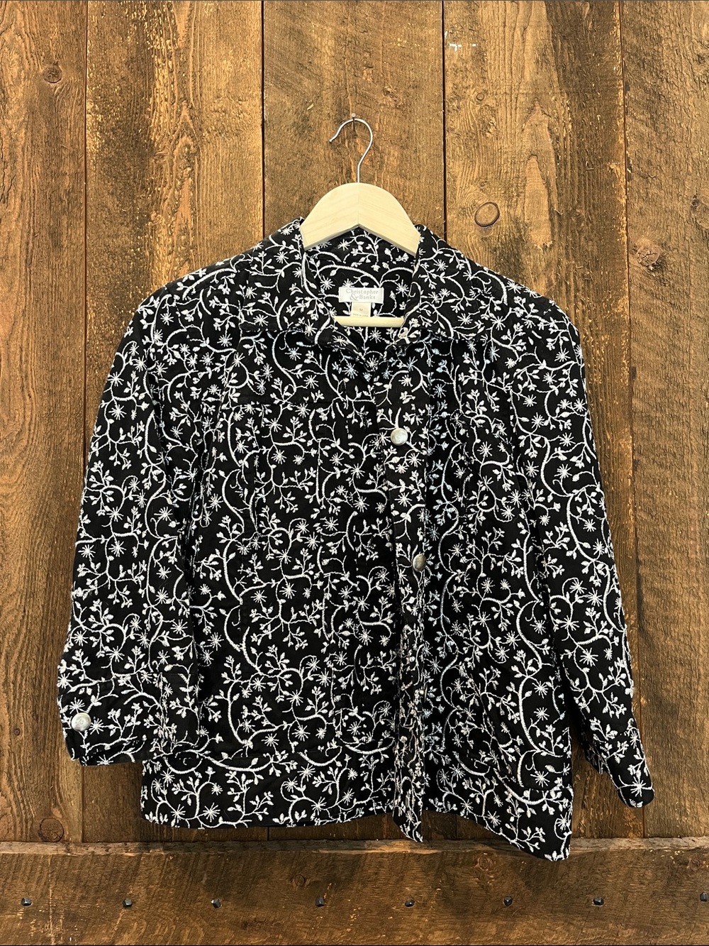 Christopher & Banks Black Jacket with White Floral Embroidery
